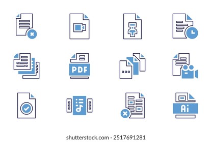 Conjunto de iconos de archivo. Estilo de línea en negrita. Colores duotónicos. Video Trazo editable. música, archivo, archivos, archivo guardado, PDF, archivo ai, archivos de música, etc.