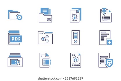 Conjunto de iconos de archivo. Estilo de línea en negrita. Colores duotónicos. Video Trazo editable. archivo, pdf, compartir, ^, archivo 3d, formato ai, texto, archivos, formato de archivo mp3.