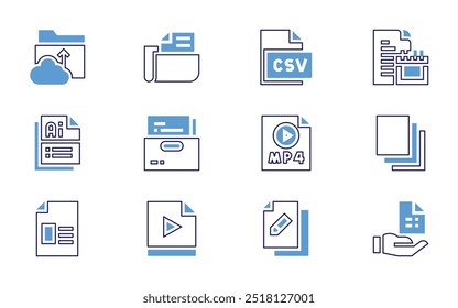 Conjunto de iconos de archivo. Estilo de línea en negrita. Colores duotónicos. Trazo editable. documentos, archivo, compartir, Cargar, formato ai, archivos, formato mp3, carpeta, papel, csv.