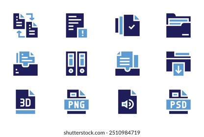 Datei-Symbolsatz. Fett. Duotonfarben. Datei Kabinett, Datei herunterladen, Datei, psd, Speicher, png, Dateien, Version, Ordner, übertragen.