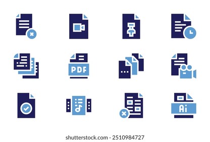 File icon set. Bold style. Duotone colors. delete, pdf, file, ai file, video, files, music files.