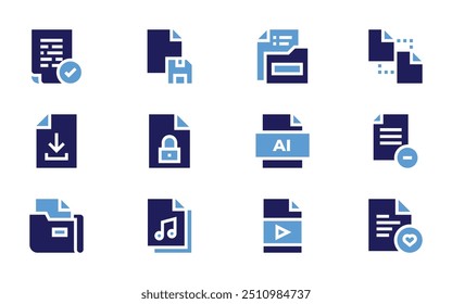 File icon set. Bold style. Duotone colors. music, file, save, file download, ai, video, remove.