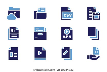 Conjunto de iconos de archivo. Estilo audaz. Cargar Video, formato ai, archivo de texto, archivos, formato mp3, $, archivo, carpeta, papel, csv.