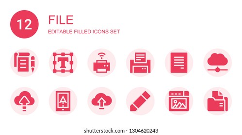 file icon set. Collection of 12 filled file icons included Notepad, Text editor, Printer, Document, Cloud computing, Navigation, Upload, Pencil, Picture, Folder