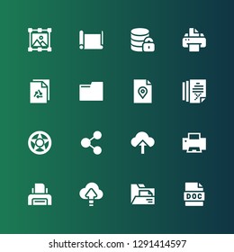 file icon set. Collection of 16 filled file icons included Doc, Folder, Cloud computing, Printer, Upload, Share, Data protection, File, Hosting, Paper roll, Image