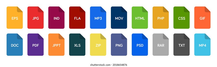 File icon set. Collection of file or folder icons with different document file types. Document vector icons for popular file extensions.