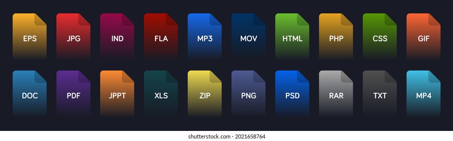 File icon set. Collection of file or folder icons with different document file types. Document vector icons for popular file extensions. Modern user interface icons