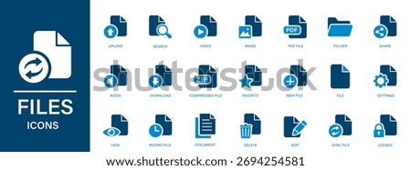 File icon set. Containing folders, documents and various types of archive files. Solid vector icons.