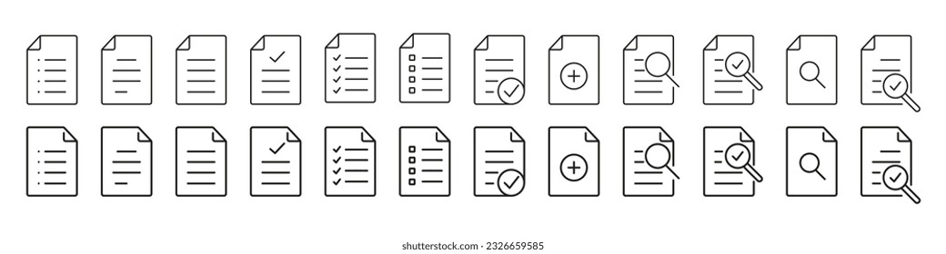 Conjunto de iconos de archivo. Firma del documento. Documento de papel. Conjunto de iconos de archivo vector. Diseño de líneas aisladas sobre fondo blanco.