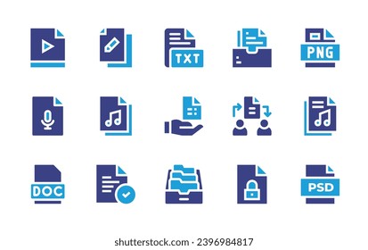 File icon set. Duotone color. Vector illustration. Containing file, video file, png, audio, music, doc, psd, txt, files, file sharing.