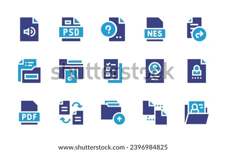 File icon set. Duotone color. Vector illustration. Containing folder, medical record, file, psd, music, pdf file, send file, nes. Foto stock © 