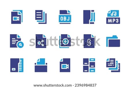 File icon set. Duotone color. Vector illustration. Containing obj, add file, file, movie, mp3, files.