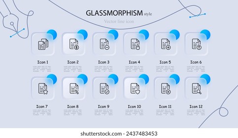 File icon set. Information, data, preservation, script, writing, protection, confirmation, punctuation check. Glassmorphism style. Vector line icon for business and advertising