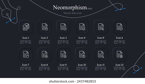 File icon set. Information, minus, tick, plus, cross, marking. spelling, search. dollar. Neomorphism style. Vector line icon for business and advertising