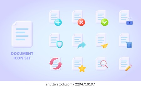 Juego de iconos de archivo:editar, borrar, guardar, bloquear, enviar, compartir, actualizar, cargar, como. Colección de iconos vectoriales 3d de archivo grande para aplicaciones móviles o de escritorio. Juego de pictogramas coloridos vectoriales tridimensionales. 