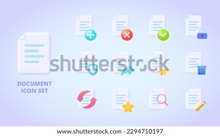 File icon set:edit, delete, save, locked, send, share, refresh, upload, like. Large file 3d vector icon collection for mobile or desktop application. Three dimensional vector colourful pictogram set. 