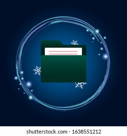 File icon for smartphone interfaces. Green folder with files in Christmas and New Year style.