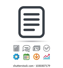 File icon. Text document page symbol. Statistics chart, chat speech bubble and contacts signs. Check web icon. Vector