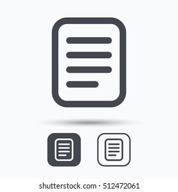 File icon. Text document page symbol. Square buttons with flat web icon on white background. Vector