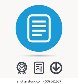 File icon. Text document page symbol. Achievement check, download and report file signs. Circle button with web icon. Vector