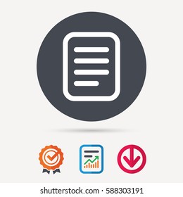 File icon. Text document page symbol. Report document, award medal with tick and new tag signs. Colored flat web icons. Vector