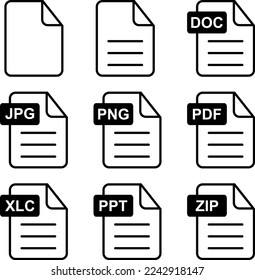 Archivo, vector de icono. Iconos en blanco y negro en forma de archivo con extensiones de archivo populares.