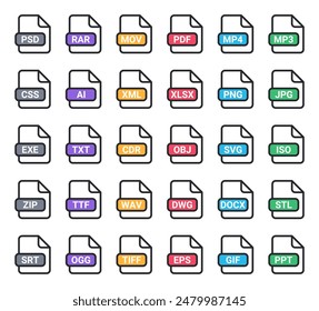 file icon vector collection set. mp4, mp3, jpg, png, pdf