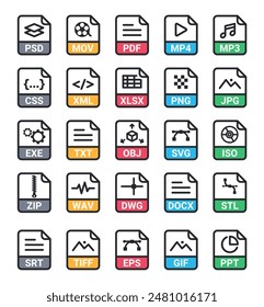 file icon vector collection set. mp4, mp3, jpg, png, pdf