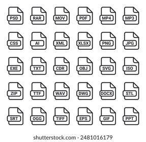 file icon vector collection set. mp4, mp3, jpg, png, pdf