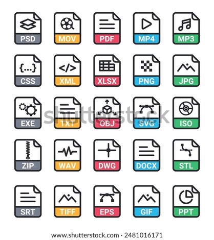 file icon vector collection set. mp4, mp3, jpg, png, pdf