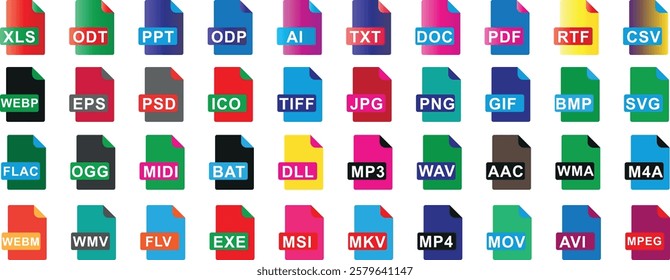 File icon vector set, diverse file formats including text, document, image, audio, video, and executable icons. Modern, versatile collection for designers, marketers, developers, tech professionals