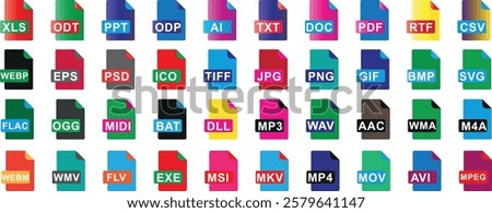 File icon vector set, diverse file formats including text, document, image, audio, video, and executable icons. Modern, versatile collection for designers, marketers, developers, tech professionals