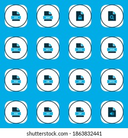 Iconos de archivo coloreados con archivo zip, archivo otf, texto y otros elementos de audio. Iconos de archivo de ilustración vectorial aislados.