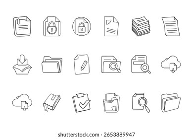 Iconos de archivo que incluyen la Descarga de la nube Bloqueo de la carpeta Libro de lápiz Símbolos Documento de papel
