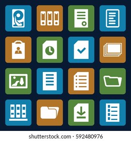 file icons set. Set of 16 file filled icons such as photos, document, folder, file, binder, paper, hard disc, resume