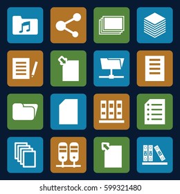 file icons set. Set of 16 file filled icons such as photos, paper, share, binder, music folder, document, folder