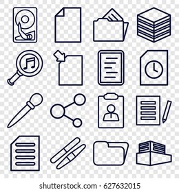 File icons set. set of 16 file outline icons such as nail sawing, sawing, share, serach music, document, documents box, document in folder, hard disc, paper, folder, archive