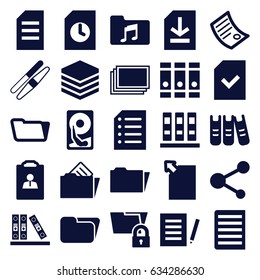 File icons set. set of 25 file filled icons such as photos, sawing, binder, folder, share, music folder, document, file, paper, hard disc, resume, archive