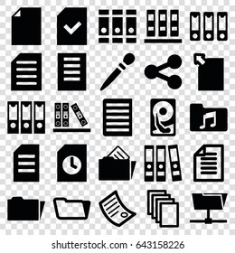 File icons set. set of 25 file filled icons such as nail sawing, binder, paper, folder, music folder, document, file, document in folder, hard disc, share