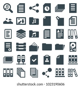 File icons. set of 36 editable filled file icons such as photos, document, resume, paper, binder, picture, music folder, archive, download document, folder, file, table box