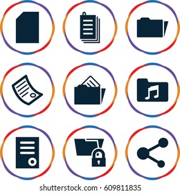 File icons set. set of 9 file filled icons such as document, paper, share, music folder