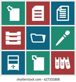 File icons set. set of 9 file filled icons such as nail sawing, folder, table box, binder, paper, cupboard