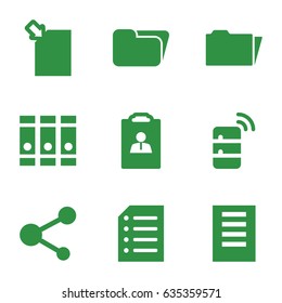 File icons set. set of 9 file filled icons such as binder, share, folder, paper, server, resume, document
