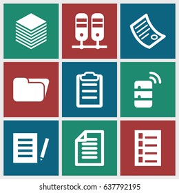 File icons set. set of 9 file filled icons such as document, clipboard, paper, server, binder