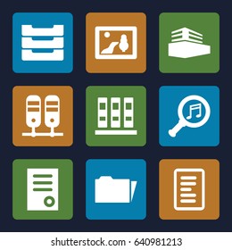 File icons set. set of 9 file filled icons such as document, serach music, documents box, folder, table box, binder