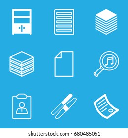 File icons set. set of 9 file filled and outline icons such as sawing, paper, cupboard, document, serach music, archive