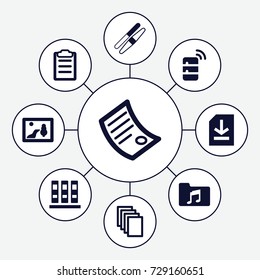 File icons set. set of 9 file filled icons such as sawing, paper, music folder, clipboard, file, document, server, binder