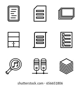 File icons set. set of 9 file outline icons such as photos, document, serach music, paper, cupboard