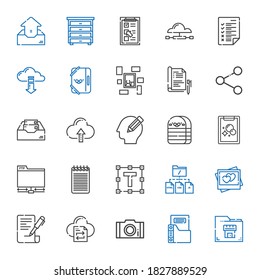 file icons set. Collection of file with folder, photo, file transfer, contract, picture, text formatting, notepad, ftp, tasks, eraser, pencil. Editable and scalable icons.