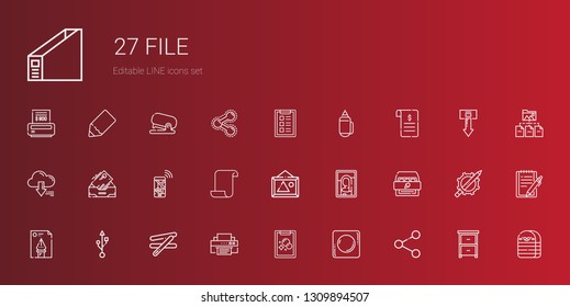 file icons set. Collection of file with share, record, tasks, printer, stick, usb, cabinet, picture, pictures, paper, navigation, inbox, server. Editable and scalable file icons.